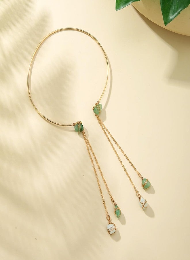 Rannyrena Vintage Natural Stone Upper Arm Cuff Colorful Gravel Pendant Armlet Bangle Long Tassel Simulated Jade Amber Amethyst Opal Bracelet Wedding Jewelry for Women (Green) - Image 4